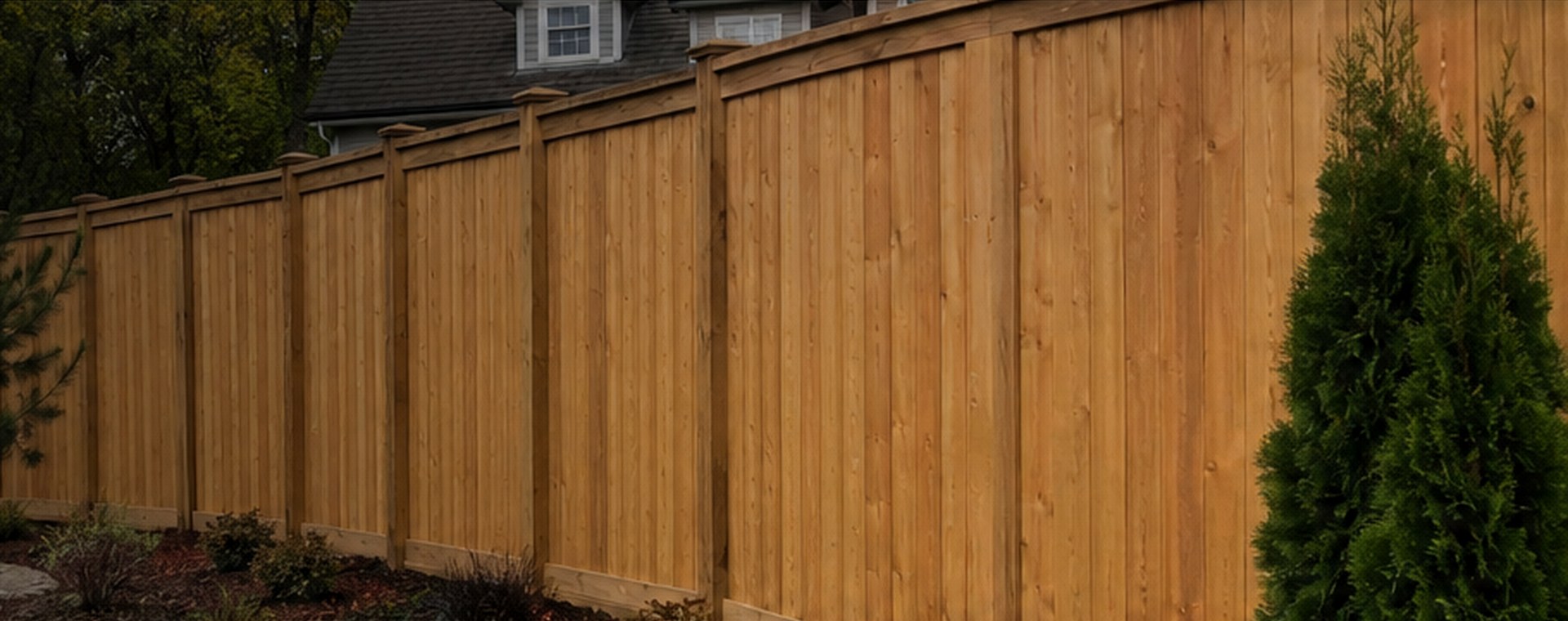 Cedar privacy fence beside a landscaped home